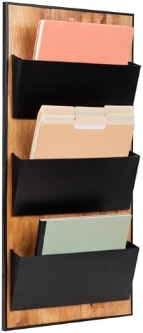 Mind Reader 3-Tier Wall-Mounted File Organizer, Wood and Metal Vertical Rack for Mail, Magazines, and Documents, Black