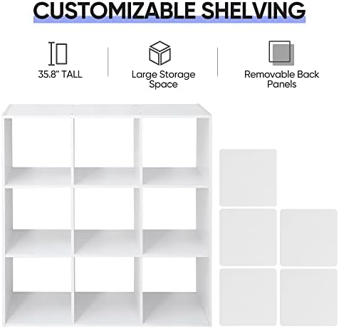 JupiterForce 9 Cube Storage Organizer, Wooden Cube Shelf W/ 5 Removable Back Panels, Customizable Cube Bookcase Bookshelf Freestanding Display Shelf for Home, Office, Bedroom and Living Room (White)