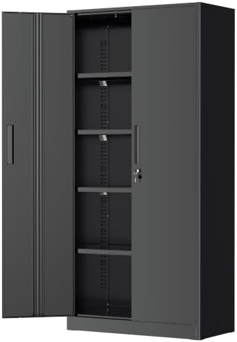 Greenvelly Storage Cabinet, 72” Black Garage Steel Locking Cabinet with Doors and 4 Adjustable Shelves, Tall Lockable File &Tool Cabinet for Home Office, Metal Classroom Cabinet Basement