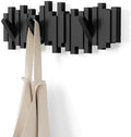Umbra Sticks Wall Mount Coat Rack, 5 Hook Retractable Pegs, Black