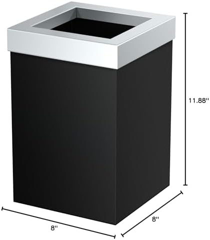 Gatco Small Bathroom Trash Can with Lid, Square 3 Gallon Stainless Steel Wastebasket, Under Sink, Matte Black and Chrome, for Bathroom, Bedroom, Office (1915C)