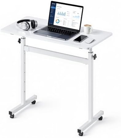 VEVOR Standing Desk, Adjustable Height Mobile Stand Up Desk with Lockable Casters, 32 x 16 in Small Computer Sit Stand Rolling Workstation with Hook, 55.1 lbs Desktop Capacity, for Home Office, White