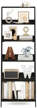 Furinno 6-Tier Ladder Shelf, Black Ladder Book Shelf, Bookcase, Storage Shelves, Storage Rack, for Organization and Storage, Living Room, Home Office, Black Espresso