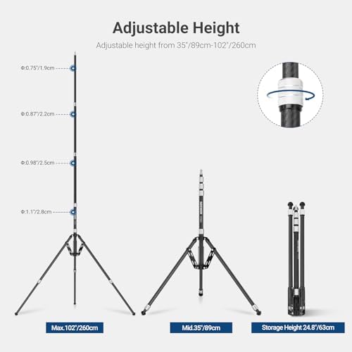 NEEWER Carbon Fiber Tripod Stand w Reversible Legs, 35"-102" Portable Lightweight Photography Light Stand for Strobe Softbox Ring Light Action Cam DSLR Streaming Recording, 6.6lb/3kg Max Load, ST260C