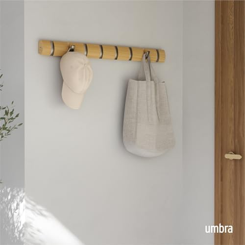 Umbra Flip Coat Rack, Wall Mount 8-Hook, Space Saving, Natural/Nickel