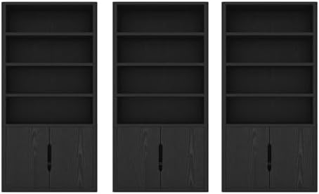 Manhattan Comfort Rivington 79 in Tall Modern Bookshelf with Soft Close Doors, Four Open Shelves and Two Adjustable Shelves, Bookcase Storage Cabinet for Living Room or Office, Set of 3 in Black