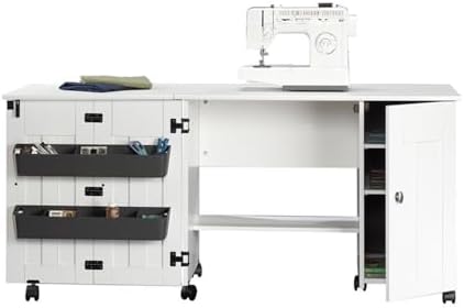 Sauder Folding SewingTable & Craft Cart Storage Cabinet, in Soft White