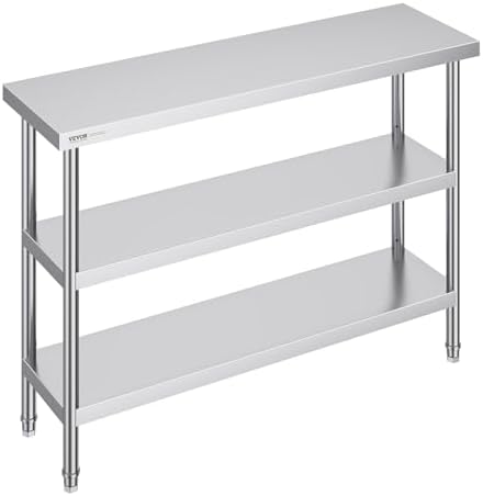 VEVOR Stainless Steel Food Prep Table, 14 x 48 x 34 Inch Commercial Kitchen Worktable, with 2 Adjustable Undershelf, Heavy Duty Prep Metal Work Tables for BBQ, Kitchen, Home, and Garage