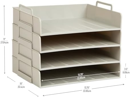 Mind Reader Stackable Paper Tray, Desktop Organizer, File Storage, Office, Plastic, 13.75" L x 10" W x 10.75" H, 4 Pcs., Beige