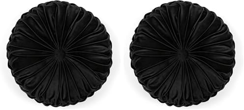 Lush Decor Round Pleated Soft Velvet Decorative Throw Pillow, 1 Count, 15" Diameter, Black - Plush Round Pillow, Seat Cushion, Decorative Pillows for Bed, Couch, Or Chair (Pack of 2)