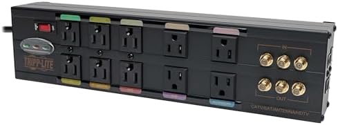Tripp Lite Isobar 10 Outlet Audio/Video Surge Protector Tel/Modem/Coax/Network 8ft Cord Right Angle Plug, & $500,000 Insurance (HT10DBS) Black