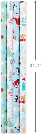 Hallmark Holiday Wrapping Paper Bundle with Cut Lines on Reverse, Quirky Christmas (Pack of 4, 120 sq. ft. ttl) Yeti, Santa, Penguin, Snowflakes, Blue, Gold