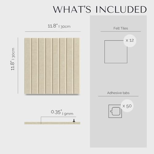 VIVELDA Felt Bulletin Board Tiles 48"x36" - 12-Pack Cork Board Alternative, OEKO-TEX Certified, NRC 0.95 Acoustic Felt Wall Panels, Damage-Free Adhesive, Slatted Design Home Office & Classroom (Opera)