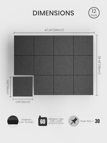 Bumusty 48"x 36" Large Felt Bulletin Board Tiles, Charcoal Gray