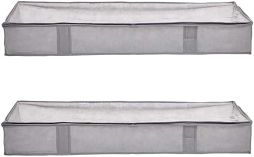 Amazon Basics Under Bed Storage Bags for Clothes and Blankets, Foldable Fabric Zipper Container with Clear Window and Reinforced Handles, Space Saving, 18 x 42 x 6 inches, Gray, 2-Pack