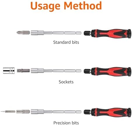 Amazon Basics Magnetic Ratcheting Wrench and Electronics Precision Screwdriver Tool Set, 73-Piece, with Carry Case for Household Repair, Small Jobs, Eyeglasses, Black/Red/Silver