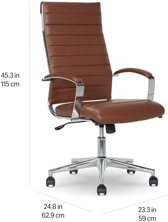 Amazon Basics High-Back Swivel Office Chair with Lumbar Support, Ergonomic Ribbed Faux Leather, Adjustable Height, 24.75"D x 23.25"W x 45.25"H, Brick Red