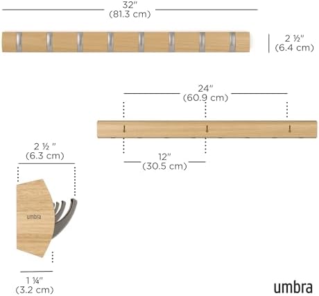 Umbra Flip Coat Rack, Wall Mount 8-Hook, Space Saving, Natural/Nickel
