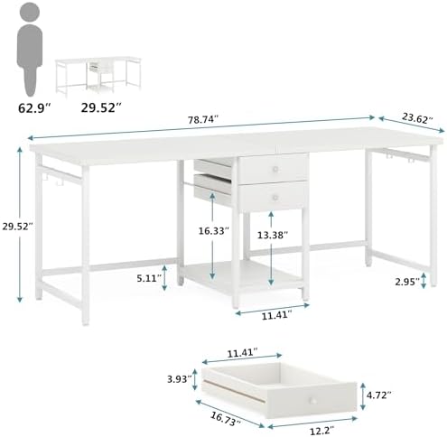 Tribesigns 79 Inch Extra Long Double Desk with 2 Drawers, Two Person Computer Desk with Storage Shelves, Writing Table Study Desk for Home Office, White