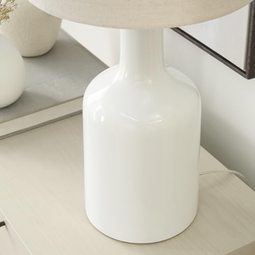 Nourison Home 22" White Glossy Ceramic Table Lamp with Oatmeal Linen Shade for Modern Farmhouse, Bedside Lamp, Living Room Lamp, Small Accent Lamp for Dining Room