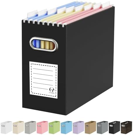 Oterri Portable Collapsible Cardboard File Box with Handle for Letter-Size | 1-Pack. Stainless Steel Handle. Label Stickers Included. Fits Letter Folders (Not Included). Home, Office, School, Dorm, Tax.