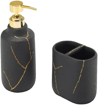 Nicole Miller - Bathroom Set, 2pc Resin Accessories, Toothbrush & Lotion Pump/Soap Dispenser, Dorm Room Essentials (Sydney Collection, Black/Gold)