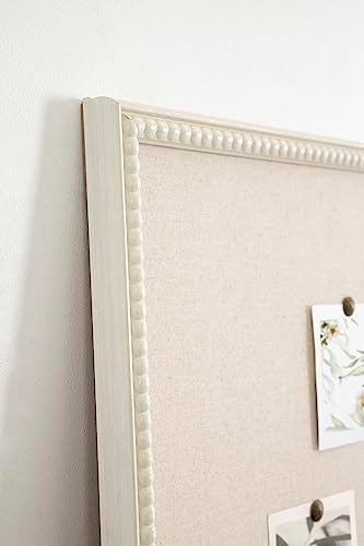 Kate and Laurel Makenna Rectangle Framed Linen Fabric Pinboard; 24 x 36; Soft White; Traditional Beaded Bulletin Board for Vintage Home Wall Organization or Aspirational Vision Board