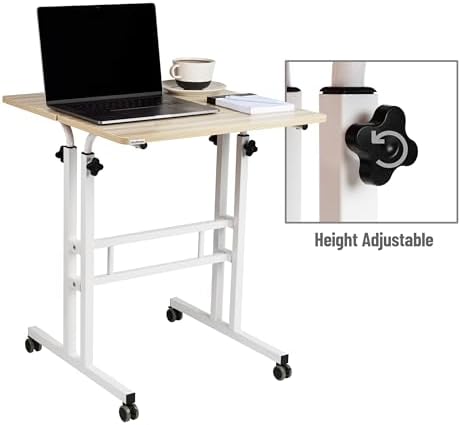 Mind Reader Standing Desk, Adjustable Height Laptop Workstation, Portable Rolling Desk on Wheels, Two-Tier Metal Frame, White