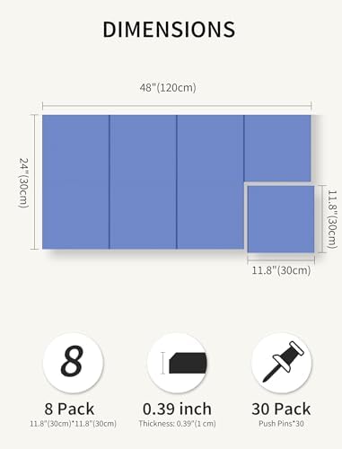 48" x 24" Cork Board Alternative, 8 Pack Felt Bulletin Board Tiles with 30 Adhesive Tabs Wall Push Pin Board for Office Classroom Bedroom Decor