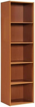 Pemberly Row 5-Shelf Wooden Bookcase, Cherry Finish, 59.06 in H x 15.91 in W x 11.77 in D, Slim Vertical Multi-Purpose Design, Contemporary Style for Bedroom, Office, Living Room Storage