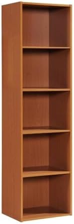 Pemberly Row 5-Shelf Wooden Bookcase, Cherry Finish, 59.06 in H x 15.91 in W x 11.77 in D, Slim Vertical Multi-Purpose Design, Contemporary Style for Bedroom, Office, Living Room Storage