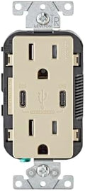 Leviton 30W (6A) USB Dual Type-C/C Power Delivery in-Wall Charger with 15A Tamper-Resistant Outlet, USB Charger for Smartphones, Tablets, Laptops, T5635-I, Ivory