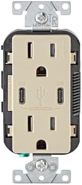 Leviton 30W (6A) USB Dual Type-C/C Power Delivery in-Wall Charger with 15A Tamper-Resistant Outlet, USB Charger for Smartphones, Tablets, Laptops, T5635-I, Ivory