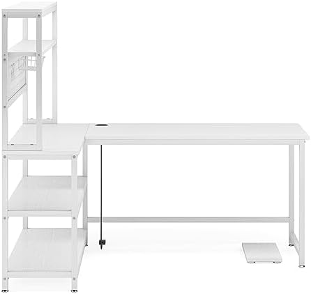 LITTLE TREE L-Shaped Computer Desk, 55 Inch Reversible Office Desk, Study Writing Table with Wireless Charging and Bookshelf for Home Office, White