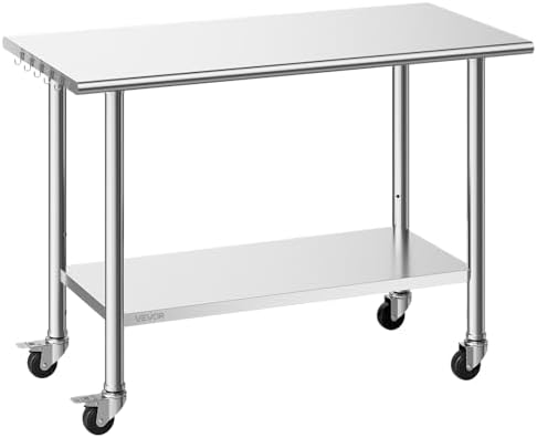 VEVOR Stainless Steel Work Table, 24x48 inch Food Prep Table with Wheels and Backsplash, Commercial Kitchen Workstation with Adjustable Undershelf, Metal Utility Worktable, for Restaurant Home Outdoor