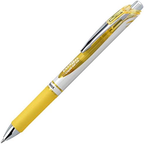 Pentel EnerGel RTX Retractable Liquid Gel Ink Pen, (0.7mm) Medium line, Yellow Ink, Box of 12 Pens (BL77-G)