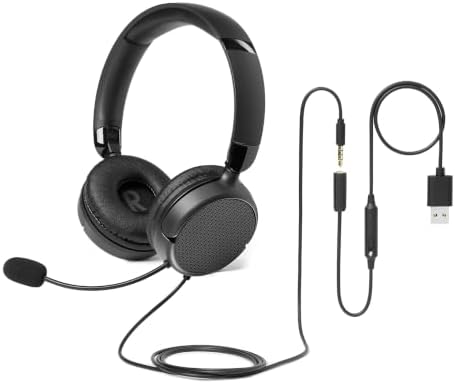 Amazon Basics On Ear Wired Computer Headset with Adjustable Microphone, 3.5mm Port or in-Line Control with USB-A Port, Foldable, Clear Sound, Small/Medium Size, Black