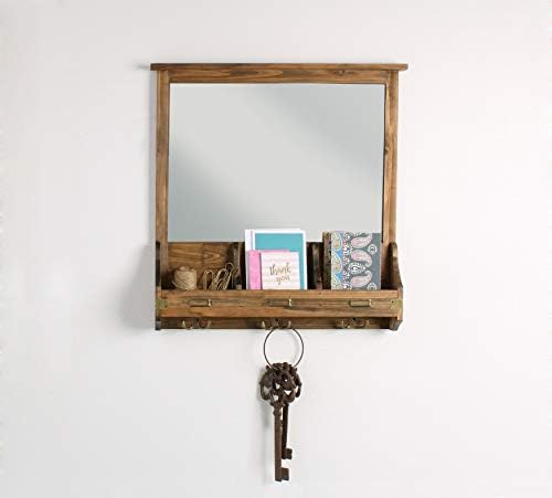 Kate and Laurel Stallard Decorative Rustic Wood Home Organizer with Mirror, Pockets, and Key Hooks, Rustic Brown