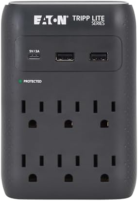 Eaton Tripp Lite SK60CB Wall Surge Protector Power Strip & USB Wall Charger, 6-Outlet Extender, 1 USB-C + 2 USB Ports, 1080 Joules, Multi-Plug Outlet Splitter, Black, Lifetime Manufacturer's Warranty