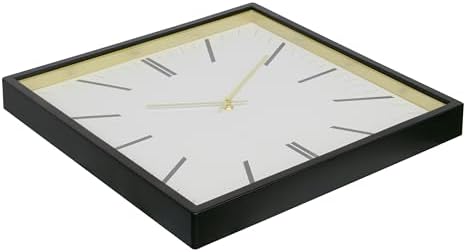 Forma Square Modern Wall Clock, 16" Minimalist Black Frame with Gold Trim, Quartz Movement, Glass Face, Contemporary Indoor Wall Décor