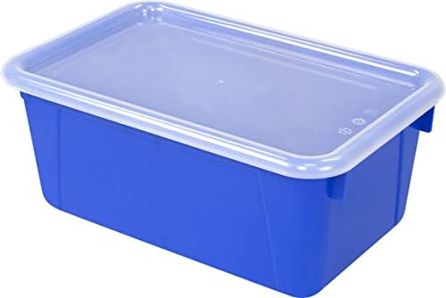 Storex Small Cubby Bins – Plastic Storage Containers for Classroom with Non-Snap Lid, 12.2 x 7.8 x 5.1 inches, Blue, 5-Pack (62408A05C)