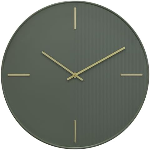 Zen Grove Minimalist Wall Clock, 15.75” Modern Green Wall Clock with Gold Accents, Subtle Stripe Face, Quartz Movement, Glass Cover, Contemporary Home Décor