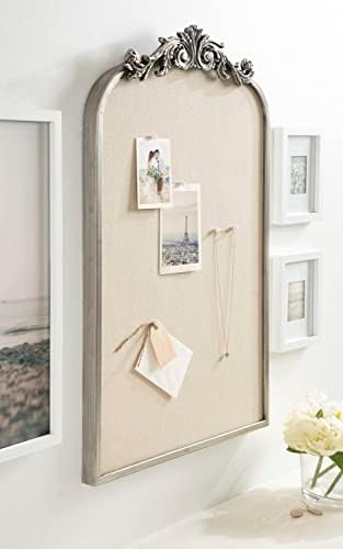 Kate and Laurel Arendahl Arch Pinboard; Silver; 19 x 31; Framed Arched Ornate Vintage Pinboard for Unique Display; Organization; and Decor Options