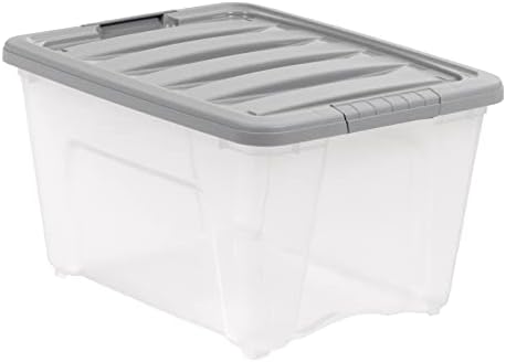Amazon Basics Plastic Storage Containers with Secure Latching Lids, Stackable Organization Bins, Clear/Grey, 32 Quart, Set of 6