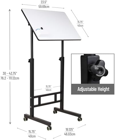 Mind Reader Standing Whiteboard Desk, Adjustable Height, Computer Desk, Laptop Desk, Portable, Rolling, 21" L x 21.5" W x 68.5" H, White