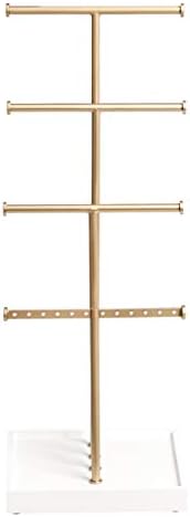 Amazon Basics Four-Tier Jewelry Organizer Tree Stand, Necklace Earring Bracelet Holder with Ring Storage, White/Brass