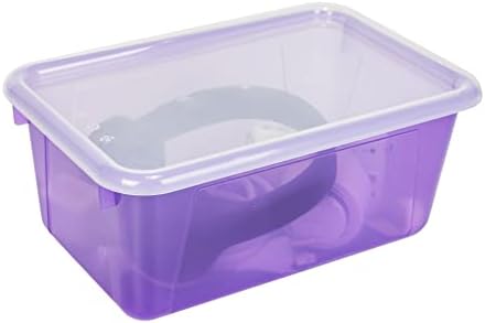 Storex Small Cubby Bins – Plastic Storage Containers for Classroom with Non-Snap Lid, 12.2 x 7.8 x 5.1 inches, Tint Violet, 5-Pack (62484A05C)