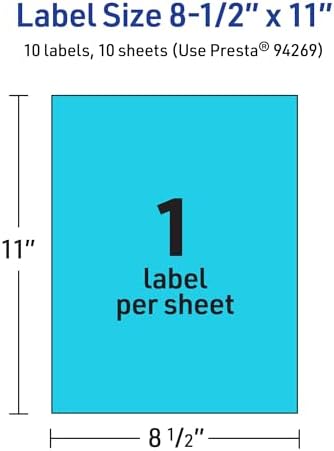 Avery Printable Sticker Paper, 8-1/2" x 11", Full-Sheet Labels, Bright Blue Labels, Laser/Inkjet Printable, 10 Total, Great for Packaging and Stickers