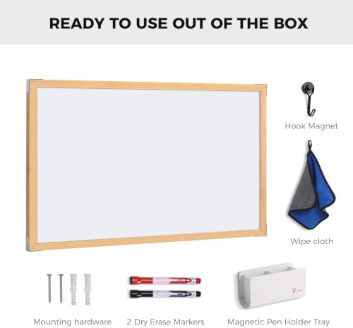 TOWON Magnetic Whiteboard, 36 x 24 Inch, Solid Pine Wood Frame, Natural