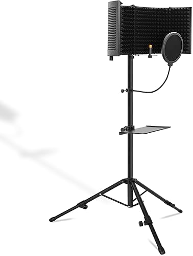 Microphone Isolation Shield with Stand Curved Panel, Foldable Mic Shield with Triple Sound Insulation, Studio Mic Sound Absorbing Foam Reflector for Sound Recording, Podcasts